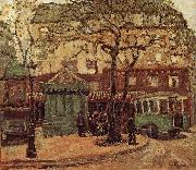 Greenish Bus in Street of Paris Grant Wood